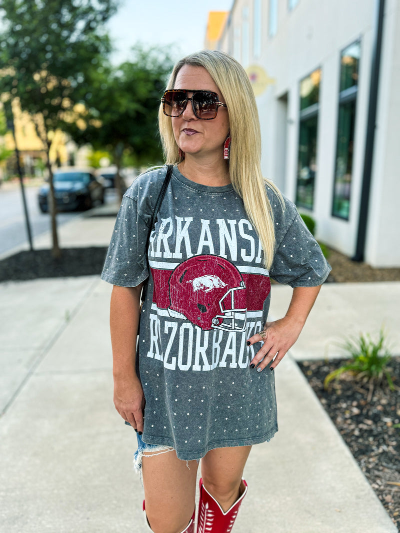 Gray Arkansas Rhinestone Tee