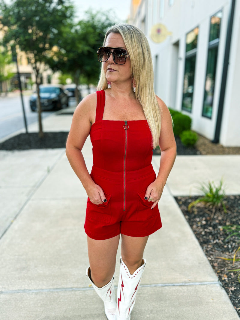 Red Front Zip Romper