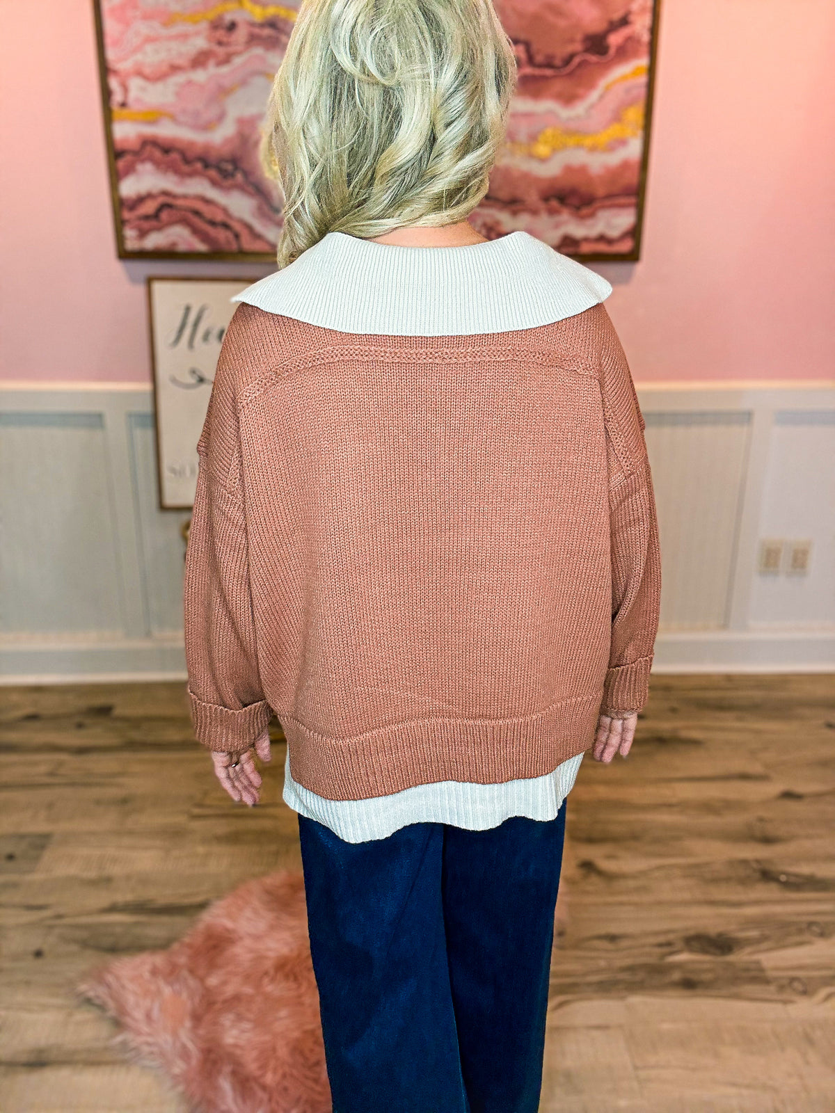 V-Neck Collared Sweater-Mohagany