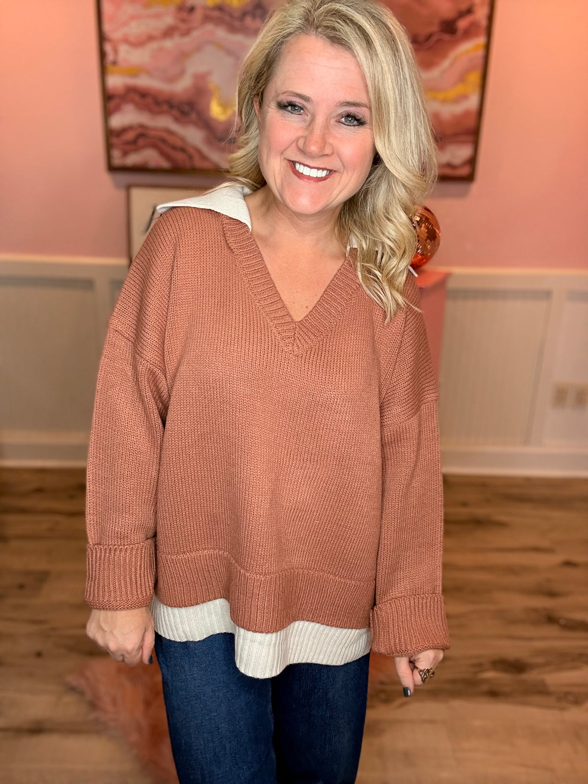 V-Neck Collared Sweater-Mohagany