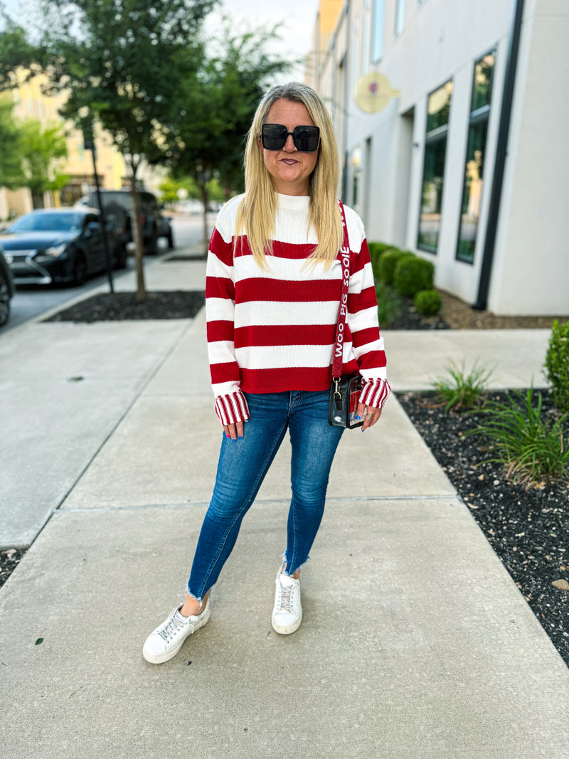 Red Long Sleeve Striped Sweater Zenana