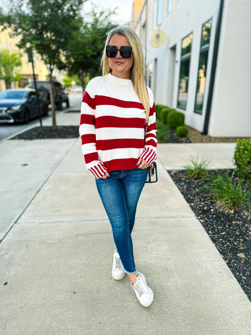 Red Long Sleeve Striped Sweater Zenana