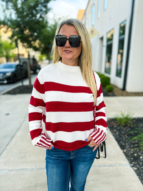 Red Long Sleeve Striped Sweater Zenana