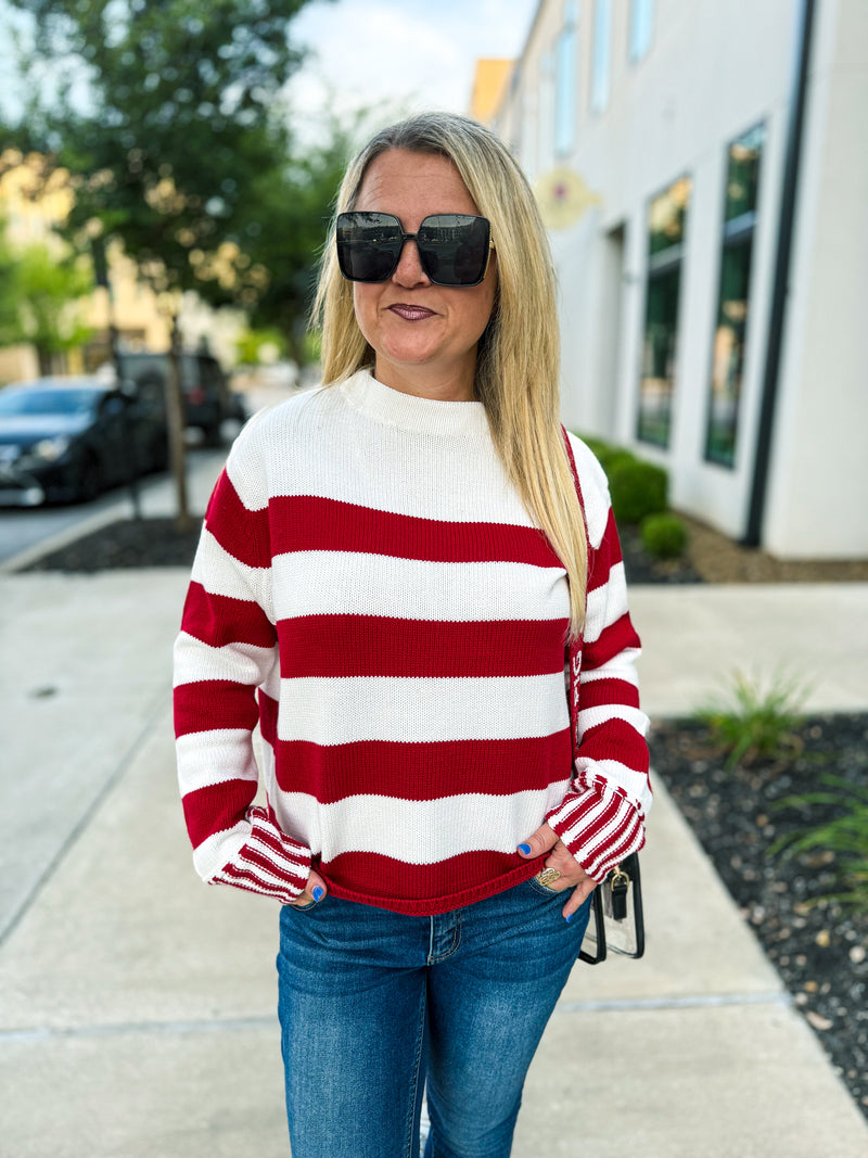 Red Long Sleeve Striped Sweater Zenana