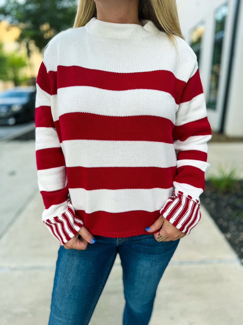 Red Long Sleeve Striped Sweater Zenana
