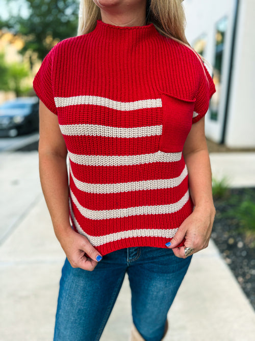Red Striped Sweater with Pocket-Zenana