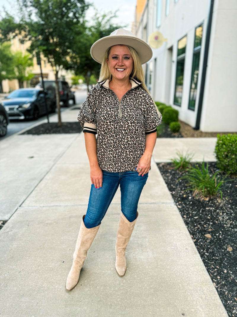 Leopard Print Puff Sleeve Zip Top