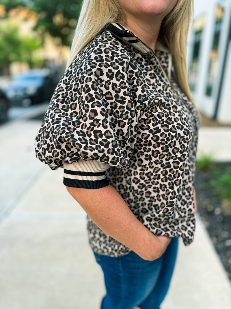 Leopard Print Puff Sleeve Zip Top