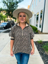 Leopard Print Puff Sleeve Zip Top