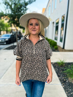 Leopard Print Puff Sleeve Zip Top