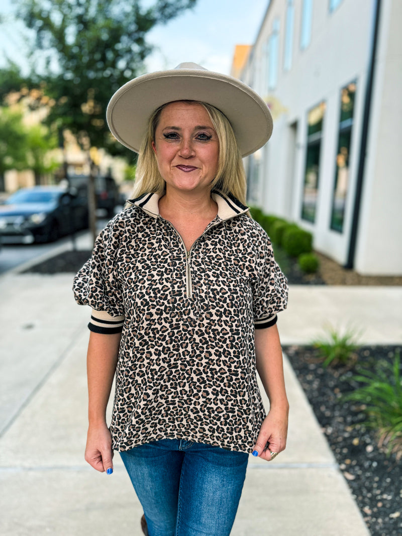 Leopard Print Puff Sleeve Zip Top