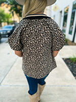 Leopard Print Puff Sleeve Zip Top