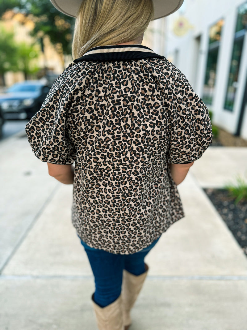 Leopard Print Puff Sleeve Zip Top