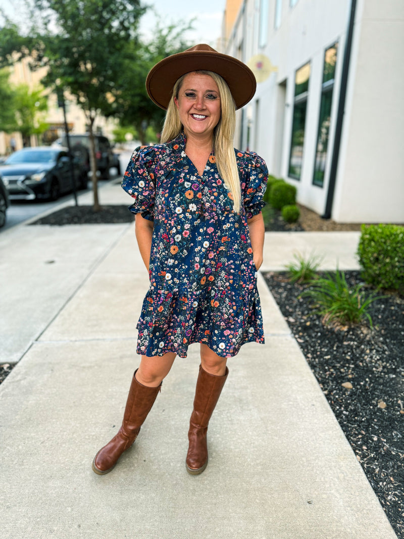 Navy Garden Ruffle Hem Dress