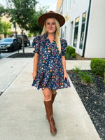 Navy Garden Ruffle Hem Dress