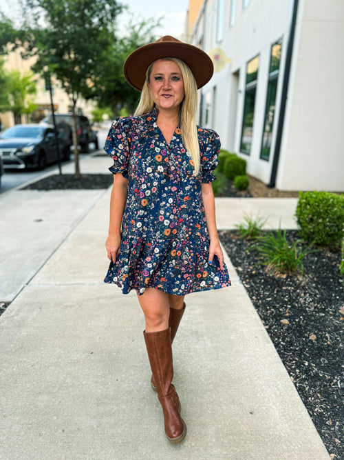 Navy Garden Ruffle Hem Dress