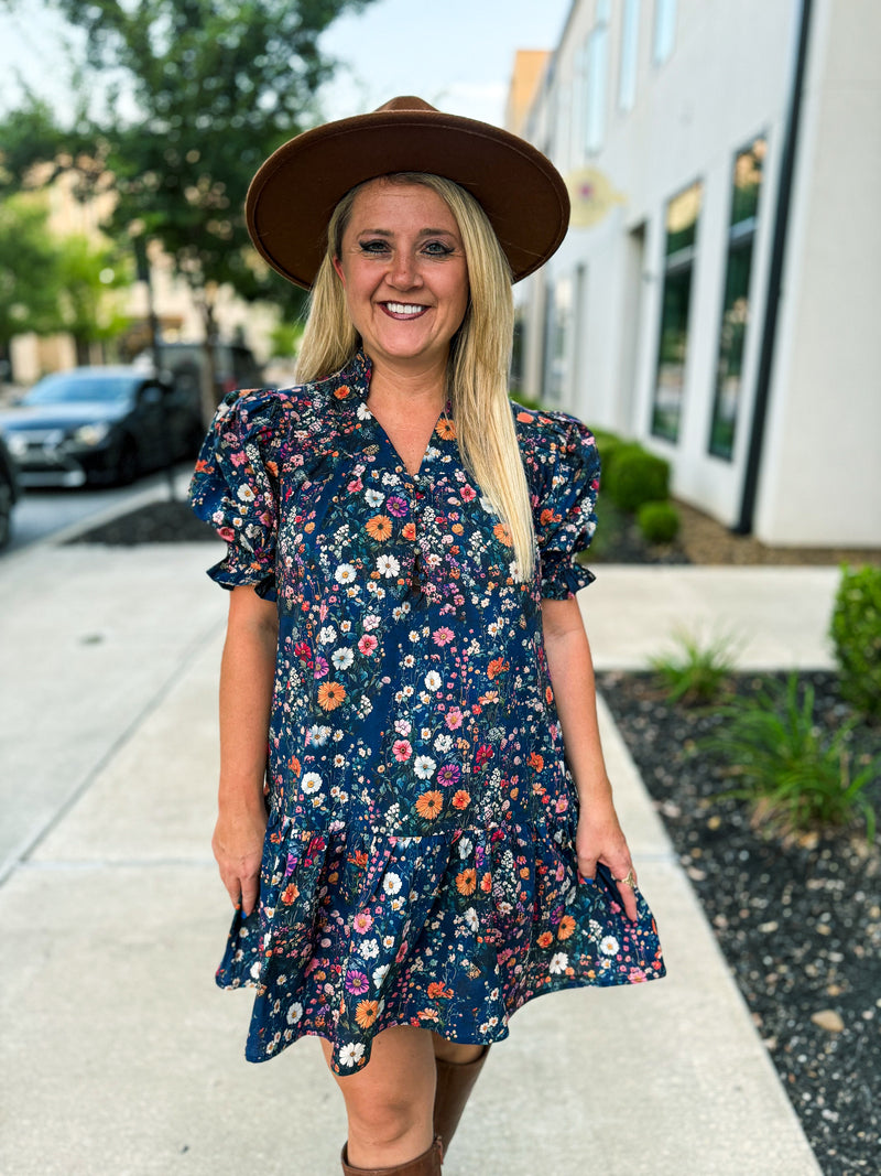 Navy Garden Ruffle Hem Dress