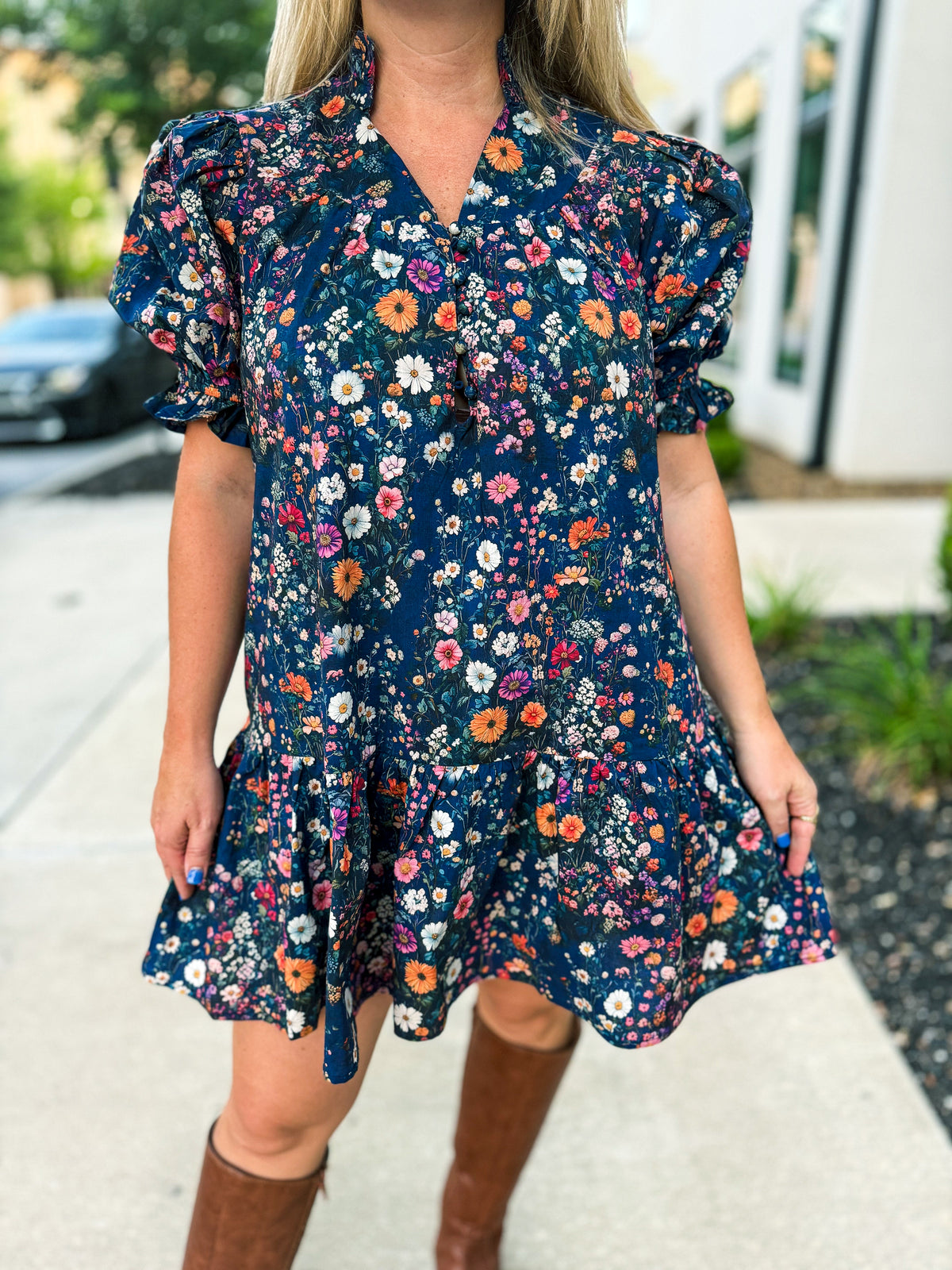 Navy Garden Ruffle Hem Dress