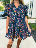 Navy Garden Ruffle Hem Dress