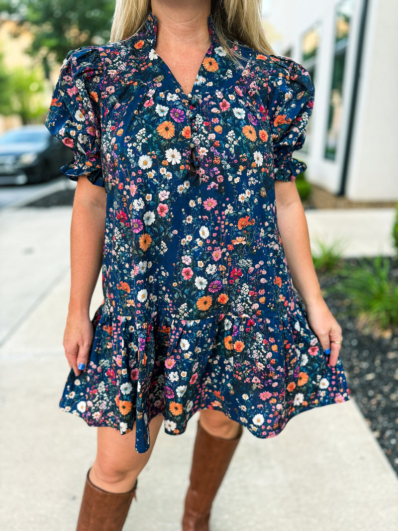 Navy Garden Ruffle Hem Dress