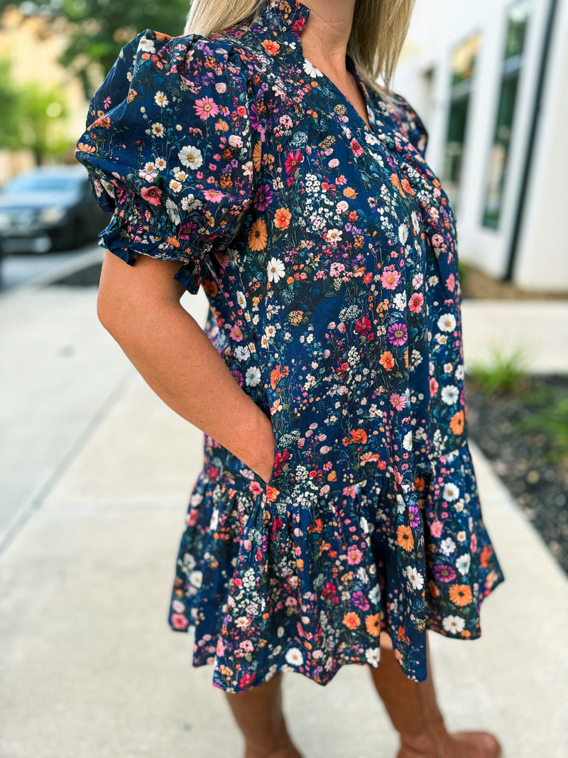 Navy Garden Ruffle Hem Dress