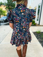 Navy Garden Ruffle Hem Dress