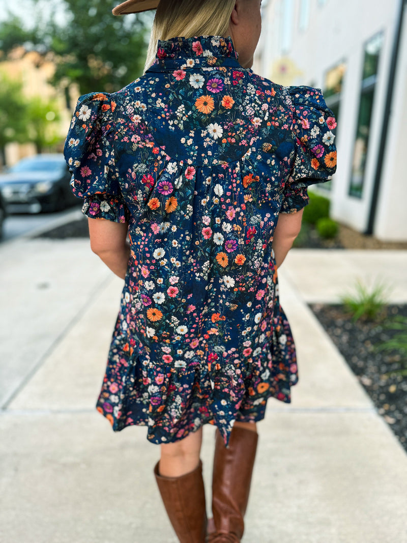 Navy Garden Ruffle Hem Dress