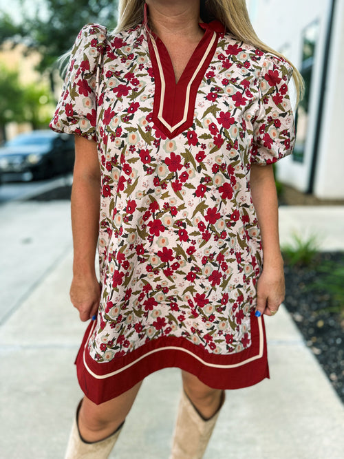 Rust Floral Puff Sleeve Dress