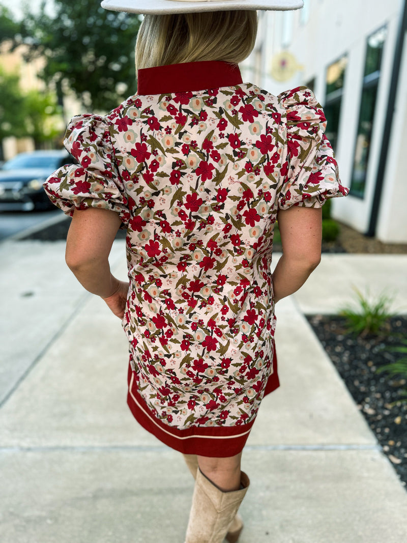 Rust Floral Puff Sleeve Dress