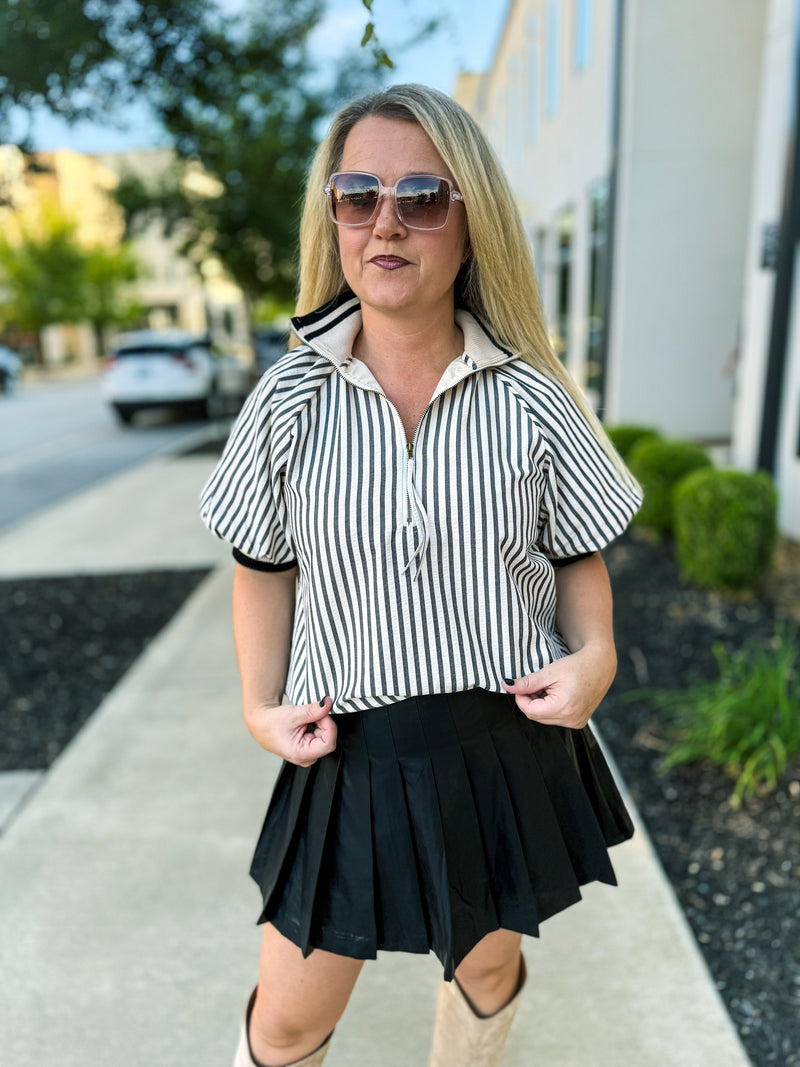 Black & Creme Striped Puff-Sleeve Blouse