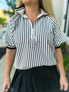 Black & Creme Striped Puff-Sleeve Blouse