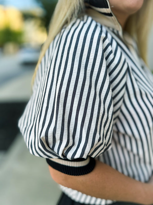 Black & Creme Striped Puff-Sleeve Blouse
