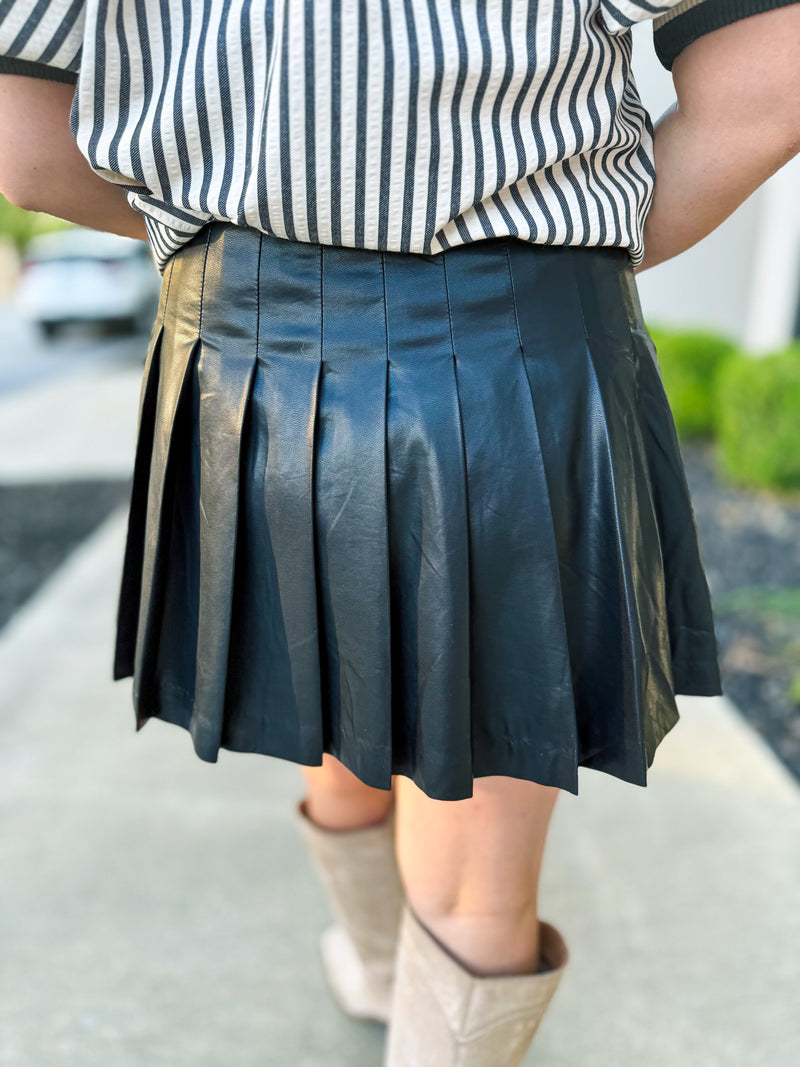 Black Pleated Leather Skort