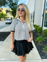 Black & Creme Striped Puff-Sleeve Blouse
