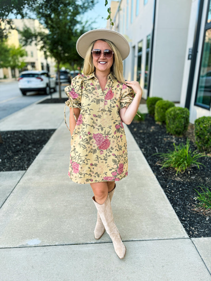 Creme Floral Puff-Sleeve Dress