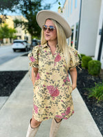Creme Floral Puff-Sleeve Dress