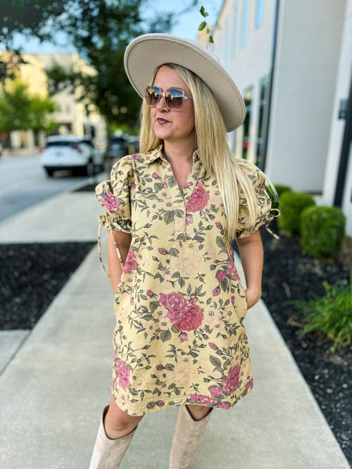 Creme Floral Puff-Sleeve Dress