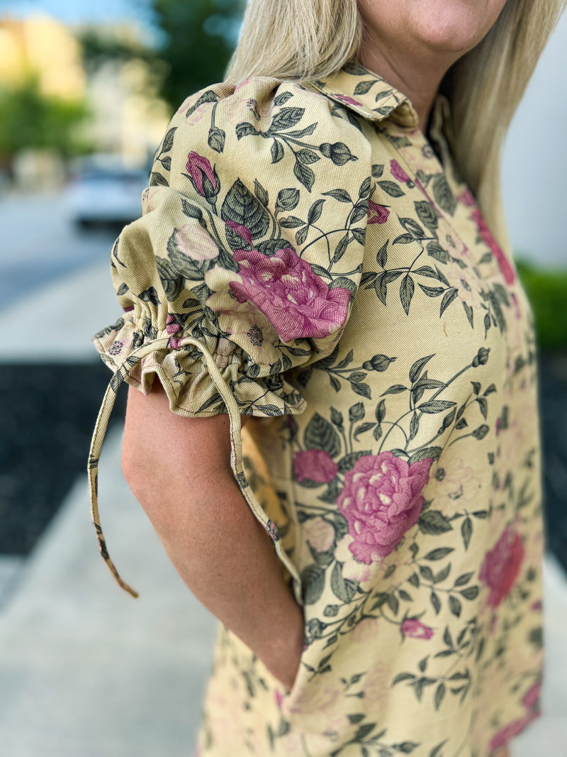 Creme Floral Puff-Sleeve Dress
