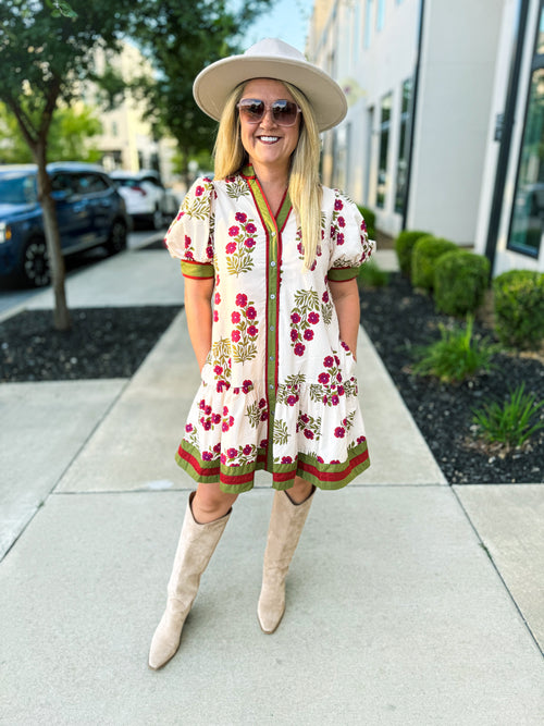 Creme Floral Print Dress with Waist Tie