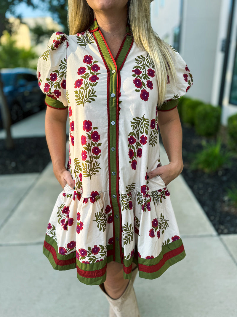 Creme Floral Print Dress with Waist Tie