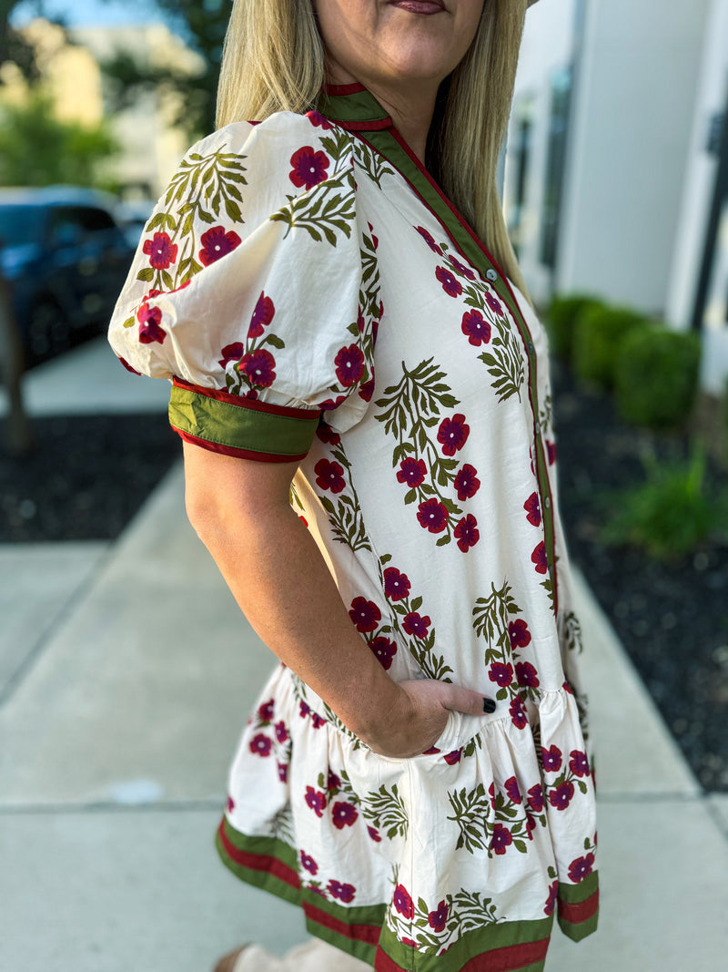 Creme Floral Print Dress with Waist Tie