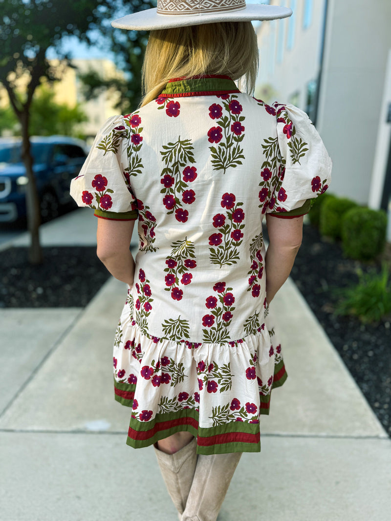 Creme Floral Print Dress with Waist Tie