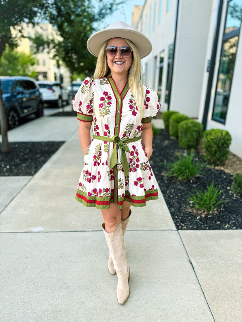Creme Floral Print Dress with Waist Tie