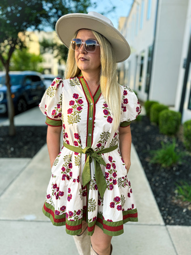 Creme Floral Print Dress with Waist Tie