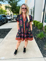 Black Floral Print Dress with Waist Tie