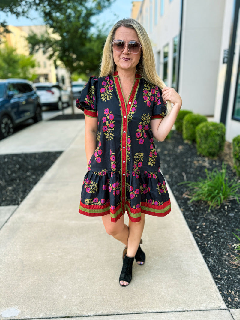 Black Floral Print Dress with Waist Tie