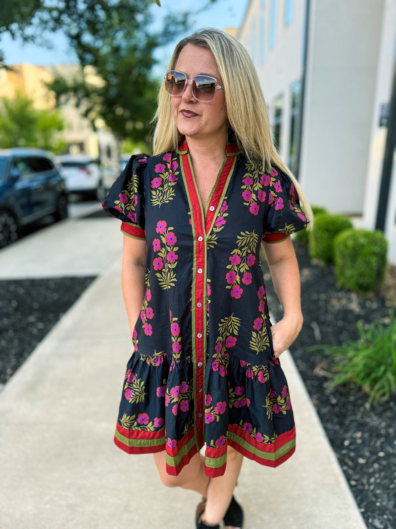 Black Floral Print Dress with Waist Tie