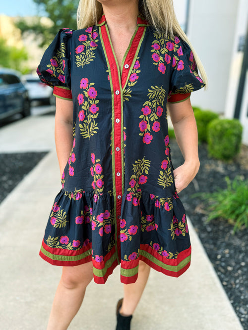 Black Floral Print Dress with Waist Tie