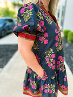 Black Floral Print Dress with Waist Tie