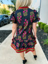 Black Floral Print Dress with Waist Tie